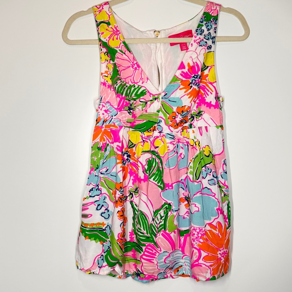 Lilly Pulitzer XS Sleeveless Floral Print Top Blouse Pink White Babydoll Y2K
